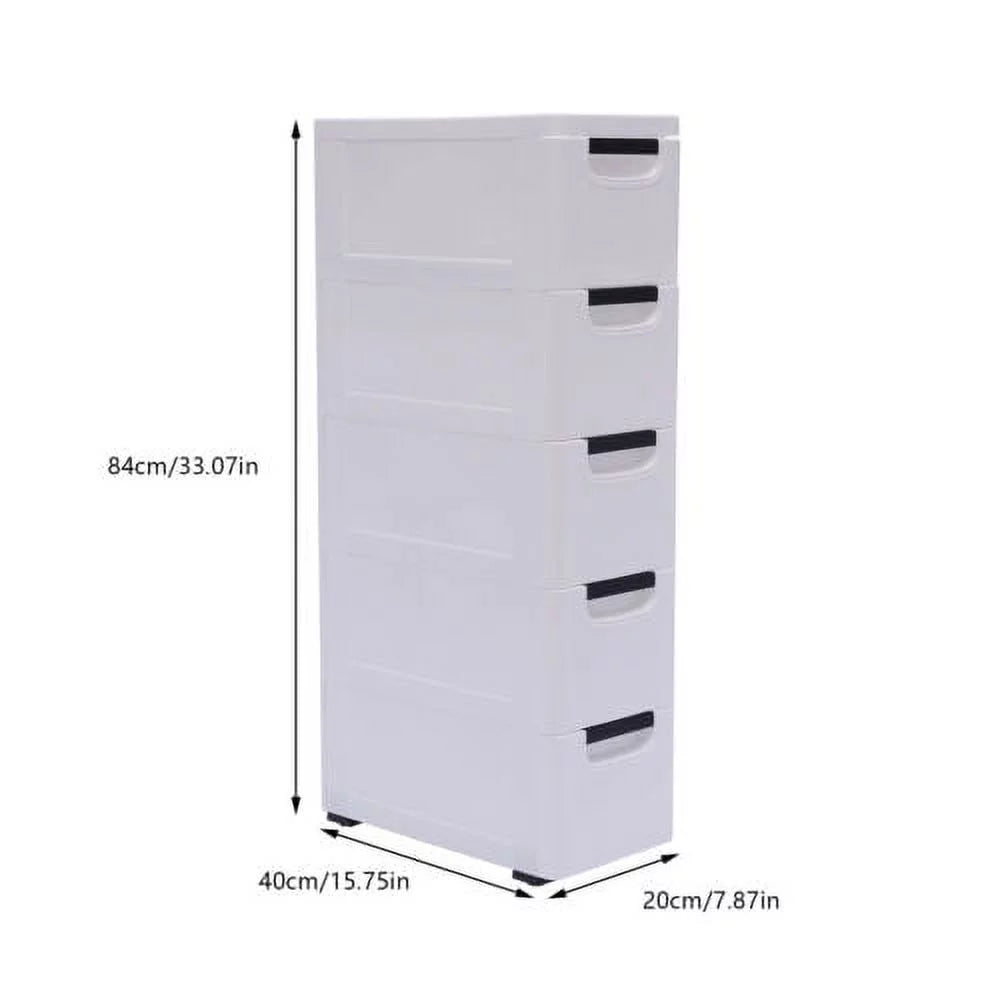 White Narrow Plastic 5 Drawer Dresser with Wheels L7823