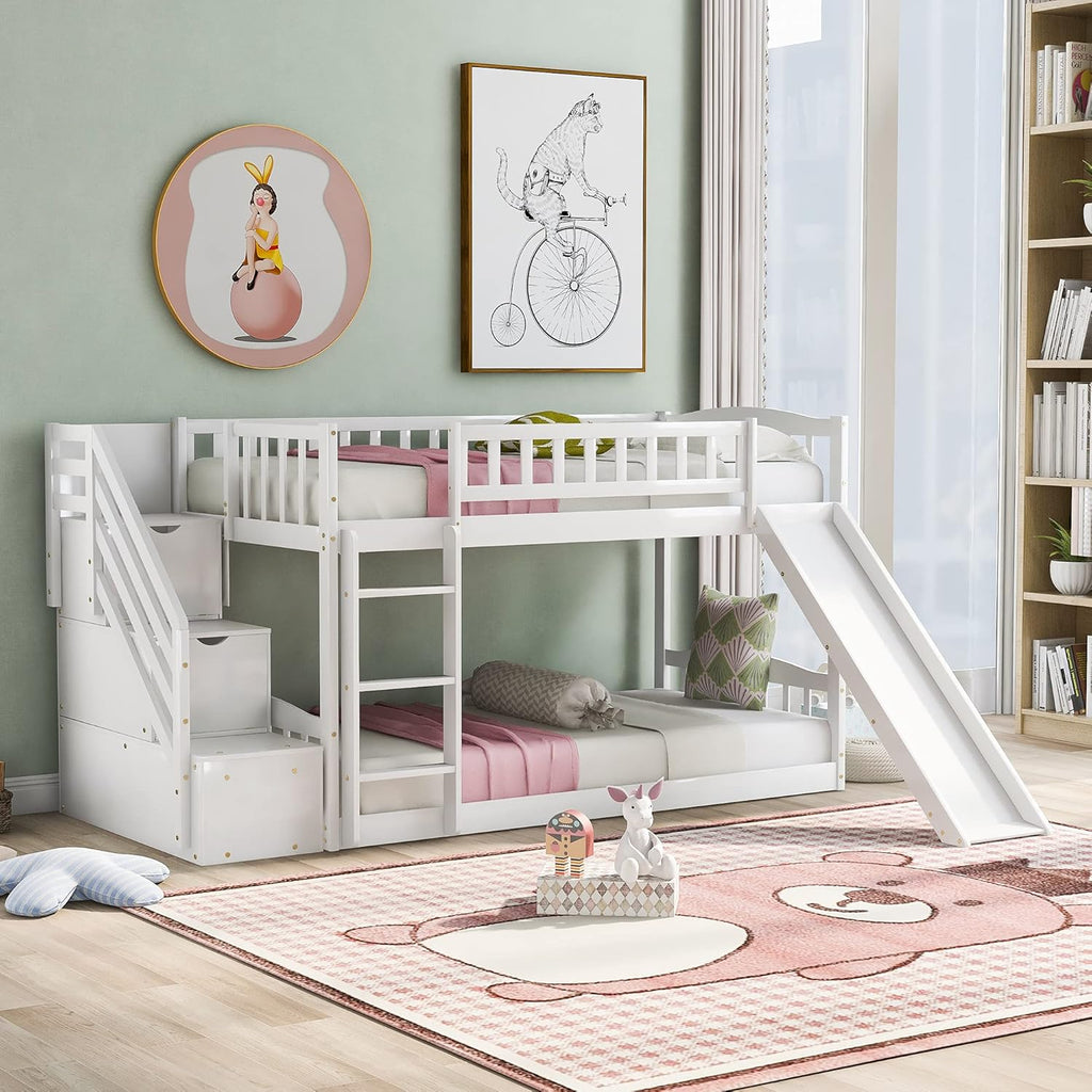 Twin Loft Beds with Slide and Staircase U431