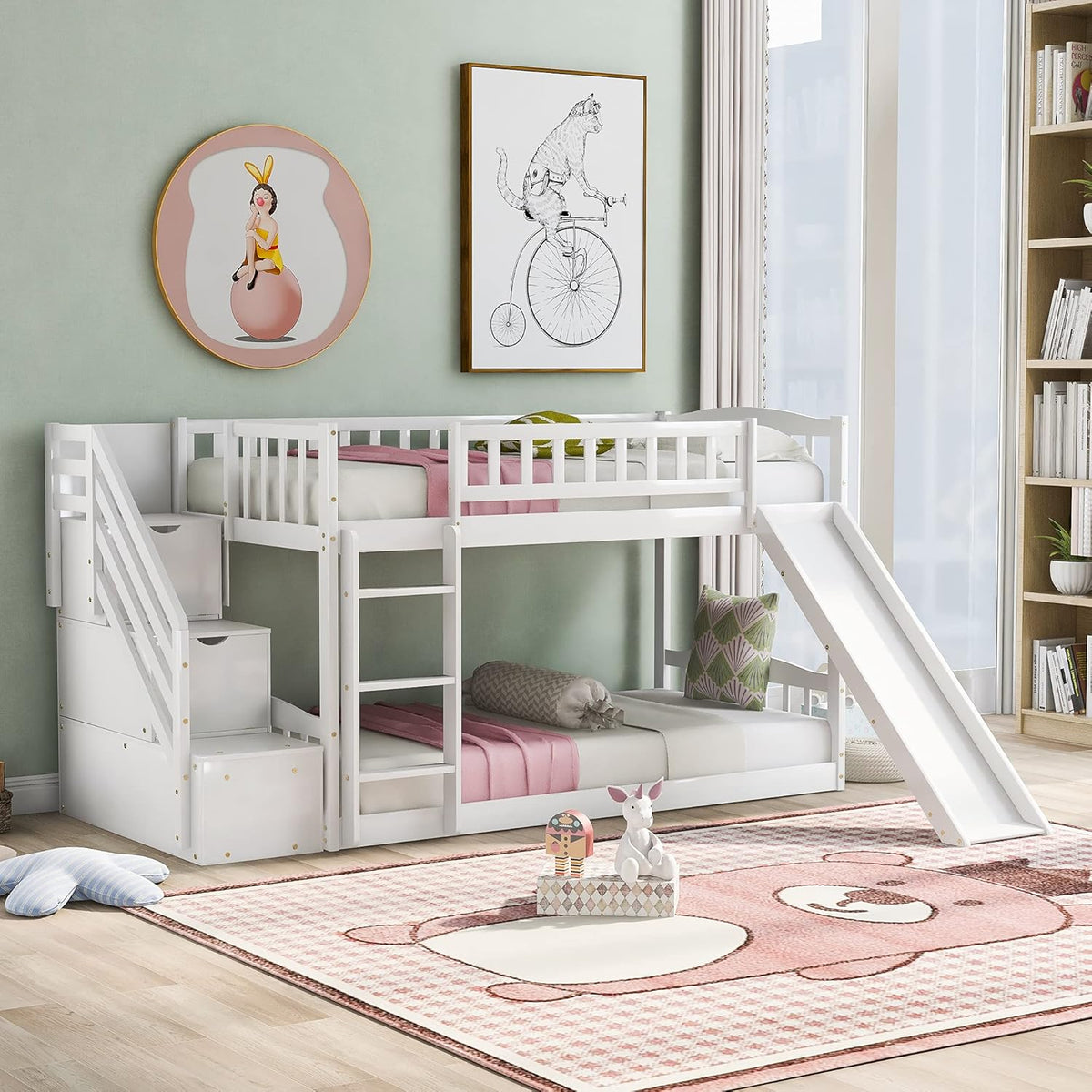 Twin Loft Beds with Slide and Staircase U431