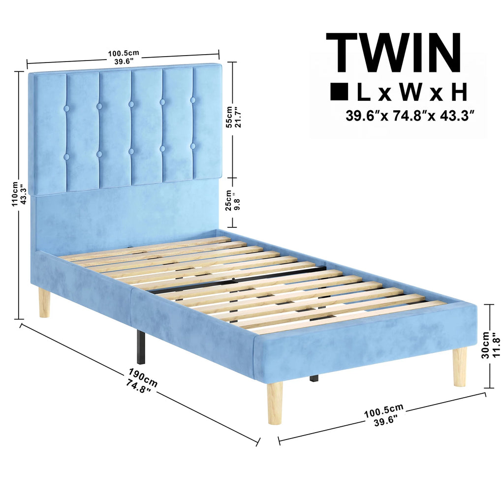 Twin Bed Frame with Upholstered Headboard, Grey E120852