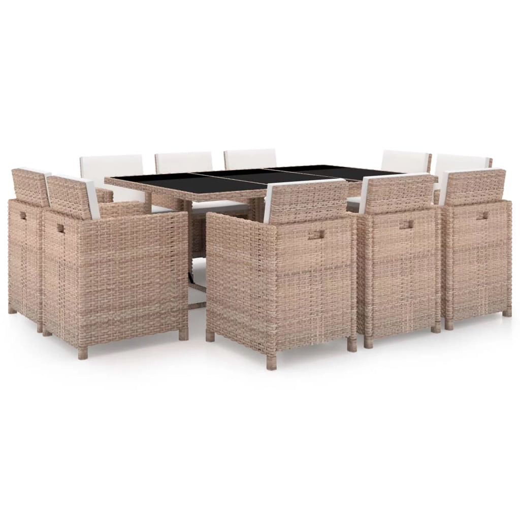11 Piece Patio Dining Set with Seat Cushion Beige Poly Rattan W599887